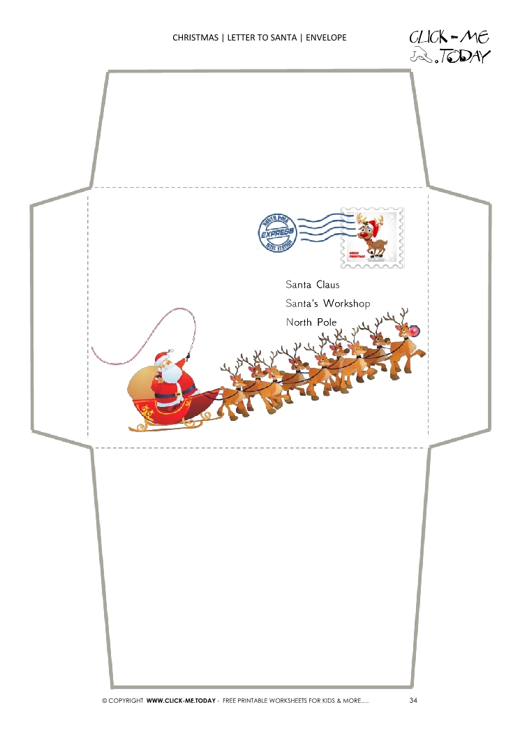 Cute envelope to Santa template sleigh and Santa Claus stamp 34
